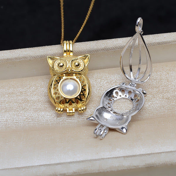 S925 Sterling silver Big Owl Cage Pendant Accessory Pearl Holder with S925 chain (Doesn't include pearl)