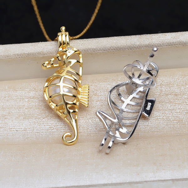 S925 Sterling silver Sea horse Cage Pendant Accessory Pearl Holder with S925 chain (Doesn't include pearl)