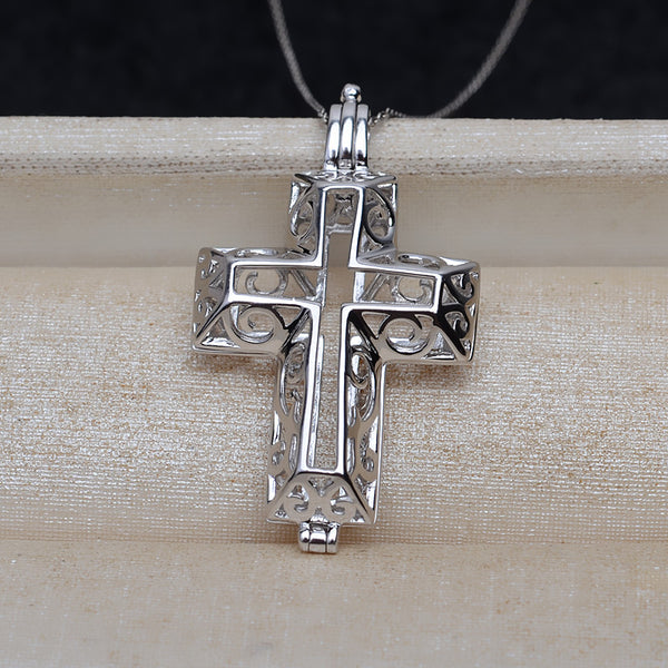 S925 Sterling silver Big Cross Cage Pendant Accessory Pearl Holder with S925 chain (Doesn't include pearl)