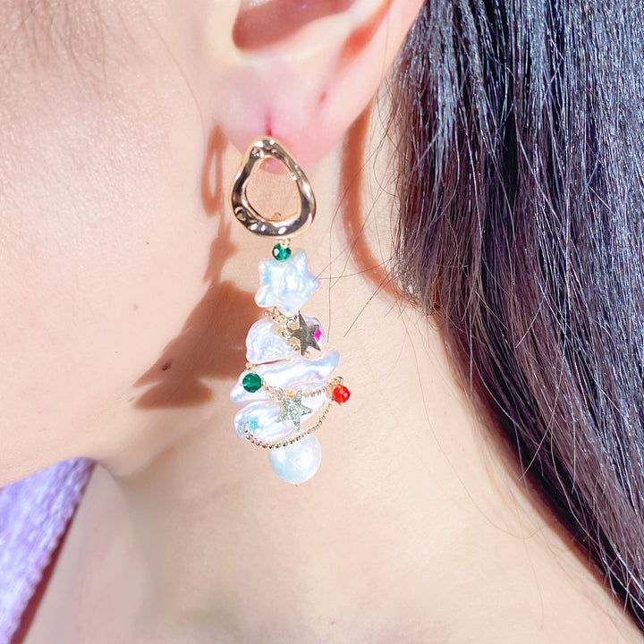 Handmade X'mas tree pearls/crystal earrings - pearlsclam