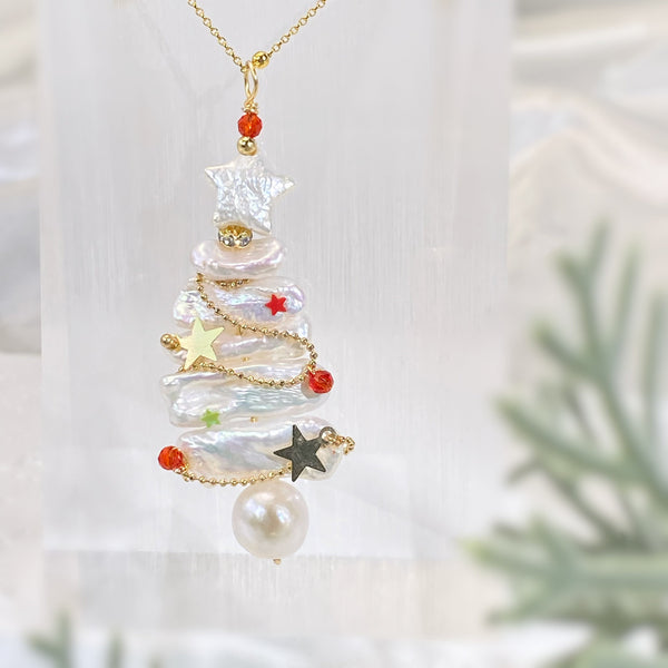 Handmade X'mas pearls/rhinestone Pendant with chain - pearlsclam